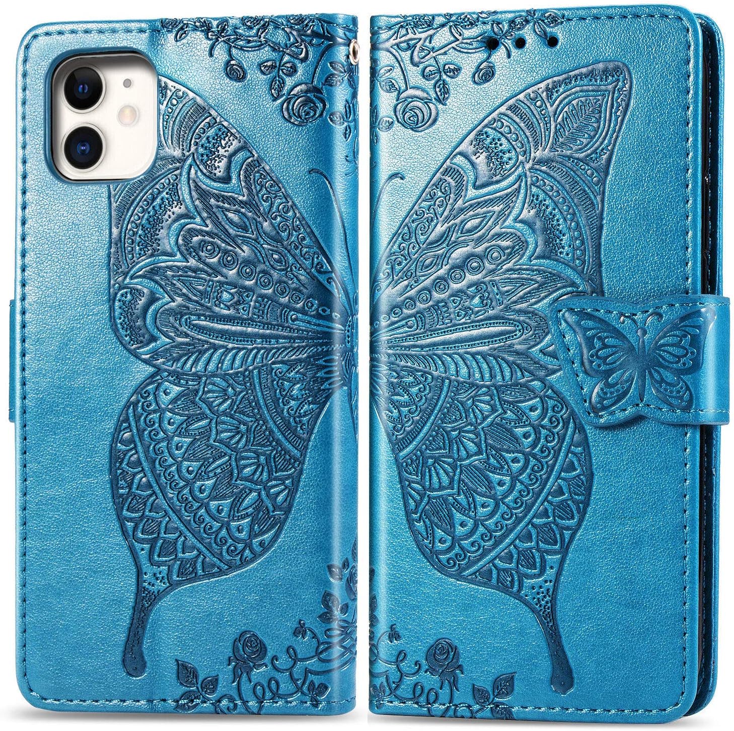 Compatible with iPhone 11 Pro Max flip Case,Butterfly Heavy Duty Flip Leather Cover Card Slot Closure Magnetic Phone Case with Lanyard, Designed for Apple iPhone 11 Pro Max Case - Blue