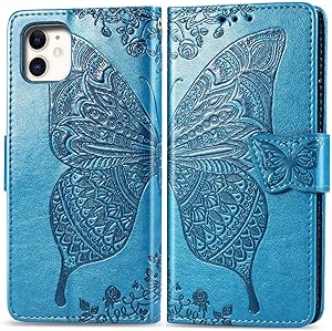 Compatible with iPhone 11 Pro Max flip Case,Butterfly Heavy Duty Flip Leather Cover Card Slot Closure Magnetic Phone Case with Lanyard, Designed for Apple iPhone 11 Pro Max Case - Blue