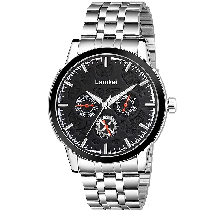 Lamkei Premium Imported Working Chronograph Black Dial Silver Stainless Steel Chain Mens Watch  LMK-0123