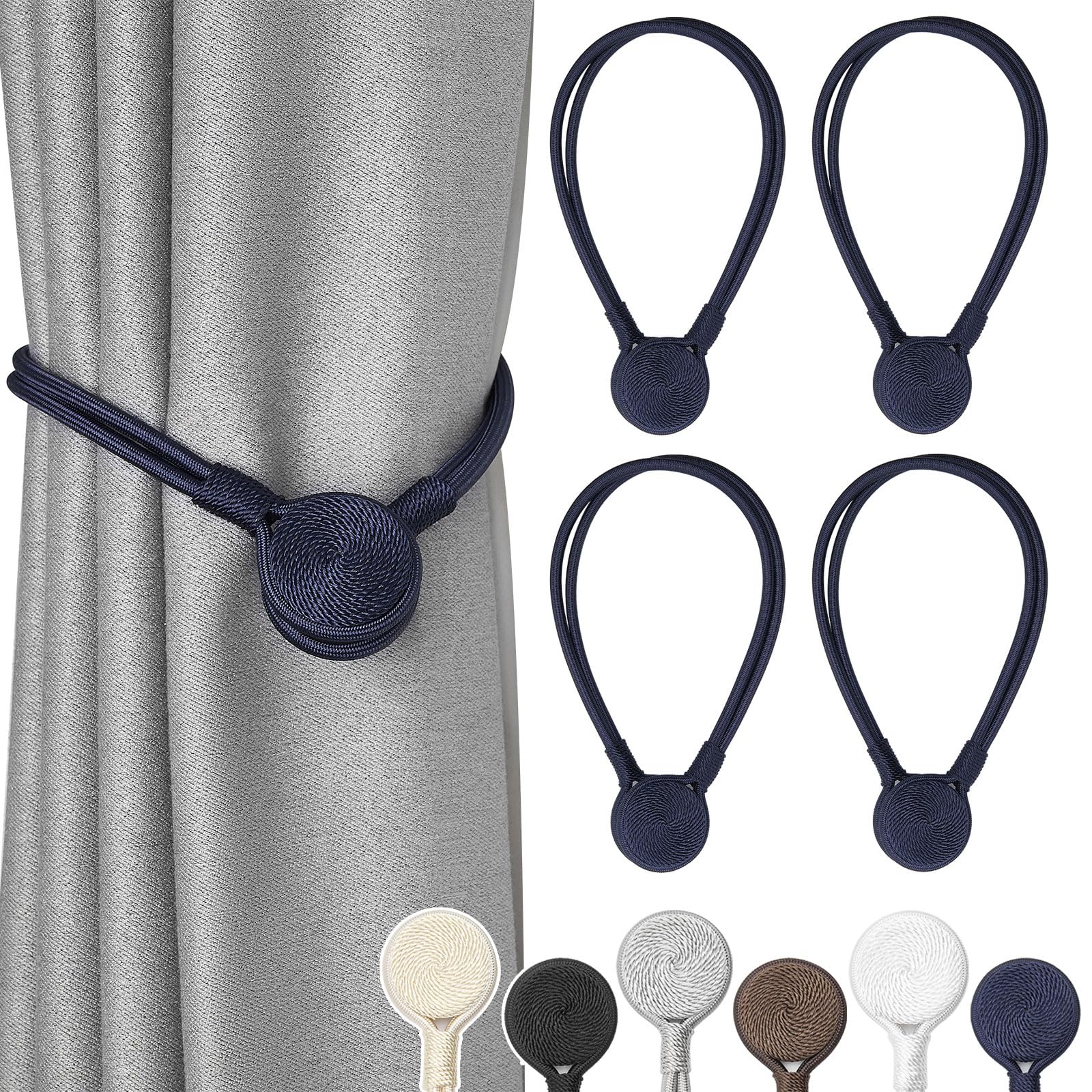 Pretty Jolly 4 Pack Strong Magnetic Curtain Tiebacks Unique Medal shape Decorative Drape Tie Backs Elegant Hand-Woven Rope Curtain Holdbacks for Home & Office Window Draperies (Dark Blue)