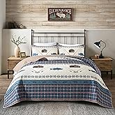 Soul & Lane Gone Fishing Quilt Set - Twin with 1 Sham, Cabin Style Outdoor Themed Fish Bedding, Blue Rustic Lakehouse Quilted Bedspread, Wilderness Country and Lodge Design