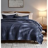 palassio Striped Navy Blue 100% Cotton Quilt Twin Size Bedding Sets, Lightweight Crinkly Channel Pick Stitch Textured Bedspread Soft Shabby Chic Farmhouse Country Coverlet for All Season, 1 Sham