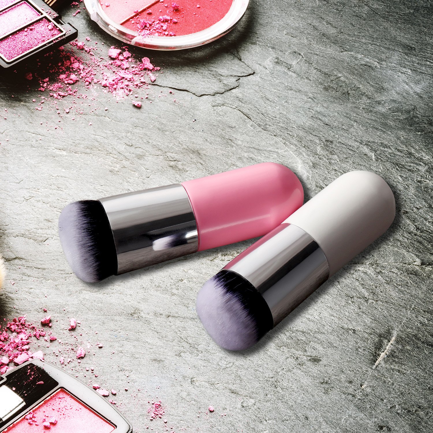 2 Pieces Foundation Brush Chubby Makeup Brush Kabuki Makeup Brush Travel Powder Brush for Blending Liquid, Cream or Flawless Powder Cosmetics (white and rose gold, pink and silver): Beauty