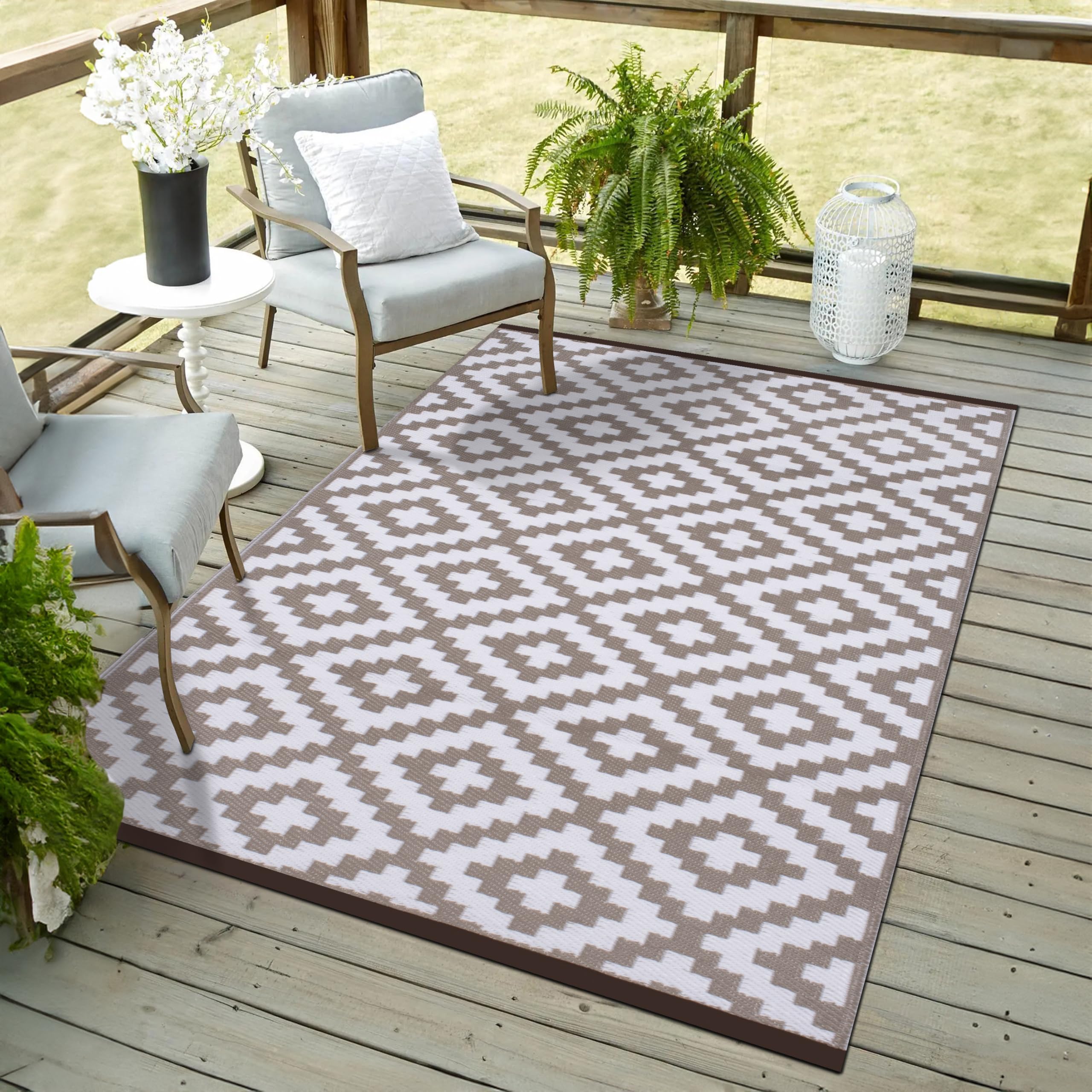 Green Decore Reversible Recycled Plastic Outdoor Rug | Perfect for Garden, Patio, Picnic, Decking | Stain And Water Resistant | Nirvana Taupe/White 120x180 cm