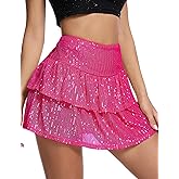 YYA Women's Sequin Pleated Mini Skirt - Disco Party Short Skirts with Elastic Waist Hot Red L