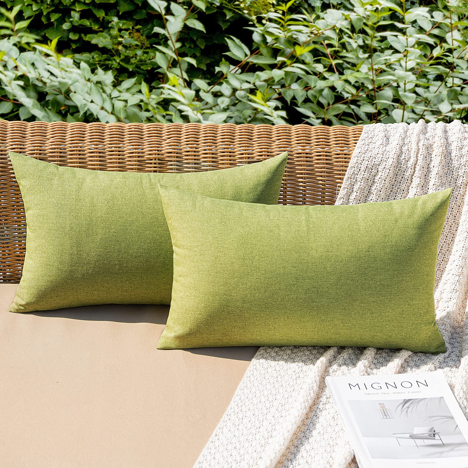 MIULEE Outdoor Waterproof Cushion Covers 12x20 Inches for Garden Furniture Water Resistant Pillow Covers Outside Scatter Cushions for Patio Couch Sofa Linen Balcony Set of 2, Matcha Green