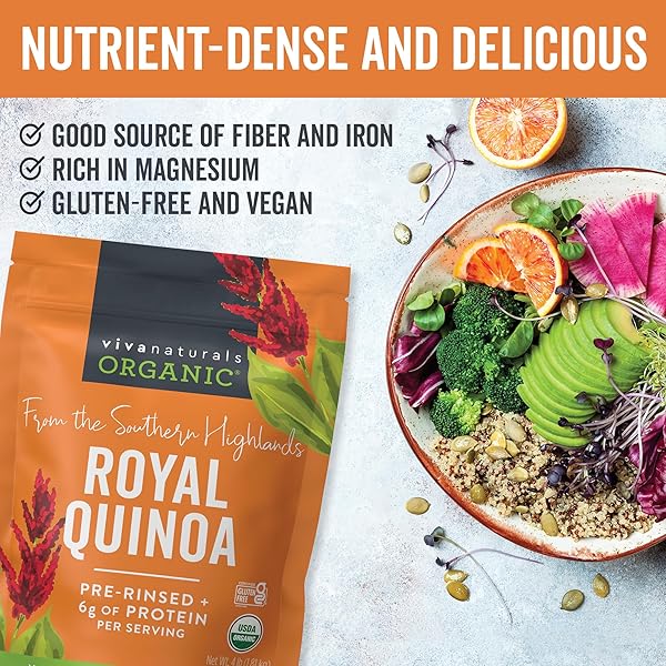 VIVA NATURALS ORGANIC QUINOA, 4 LB – PLANT BASED PROTEIN, FIBER AND IRON – PRE-WASHED WHOLE GRAIN RICE AND PASTA SUBSTITUTE FOR QUINOA SALAD – USDA ORGANIC, GLUTEN FREE, VEGAN, NON-GMO AND KOSHER