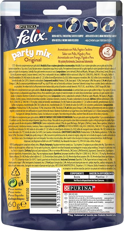 Party Mix Original, Snack, Premio para Gato, Sabor Pollo, Hígado y Pavo, 8 Bolsas de 60 g