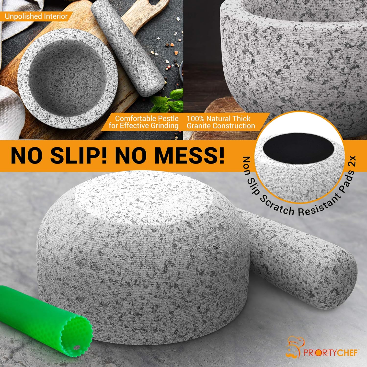 PriorityChef Mortar and Pestle Set, Unpolished Natural Granite, Large 2 Cup Capacity Guacamole Bowl, Silicone Garlic Peeler Included: Kitchen & Dining