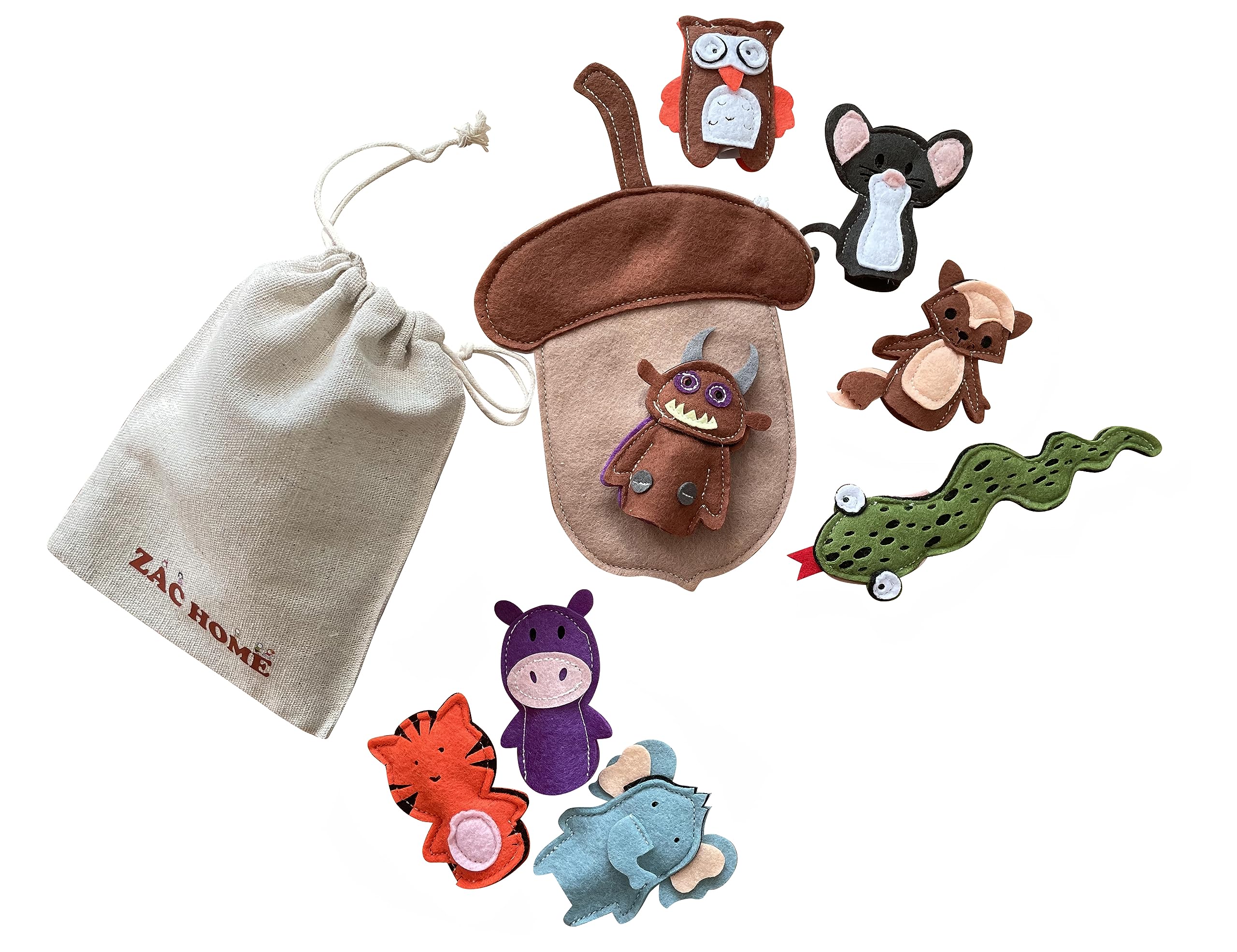 Woodland Animal Nursery Rhyme Owl/Snake/fox/MouMouse/the Brown Monster Finger Puppet Set with bag