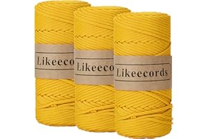 Likeecords 3 Skeins of 4mm Polyester Braided Macrame Cord 140Yard /426Feet,Elastic Yarn for Crocheting Bag Cord for DIY Crafts,Plant Hangers, Bag, and Home Decorations (Yellow)
