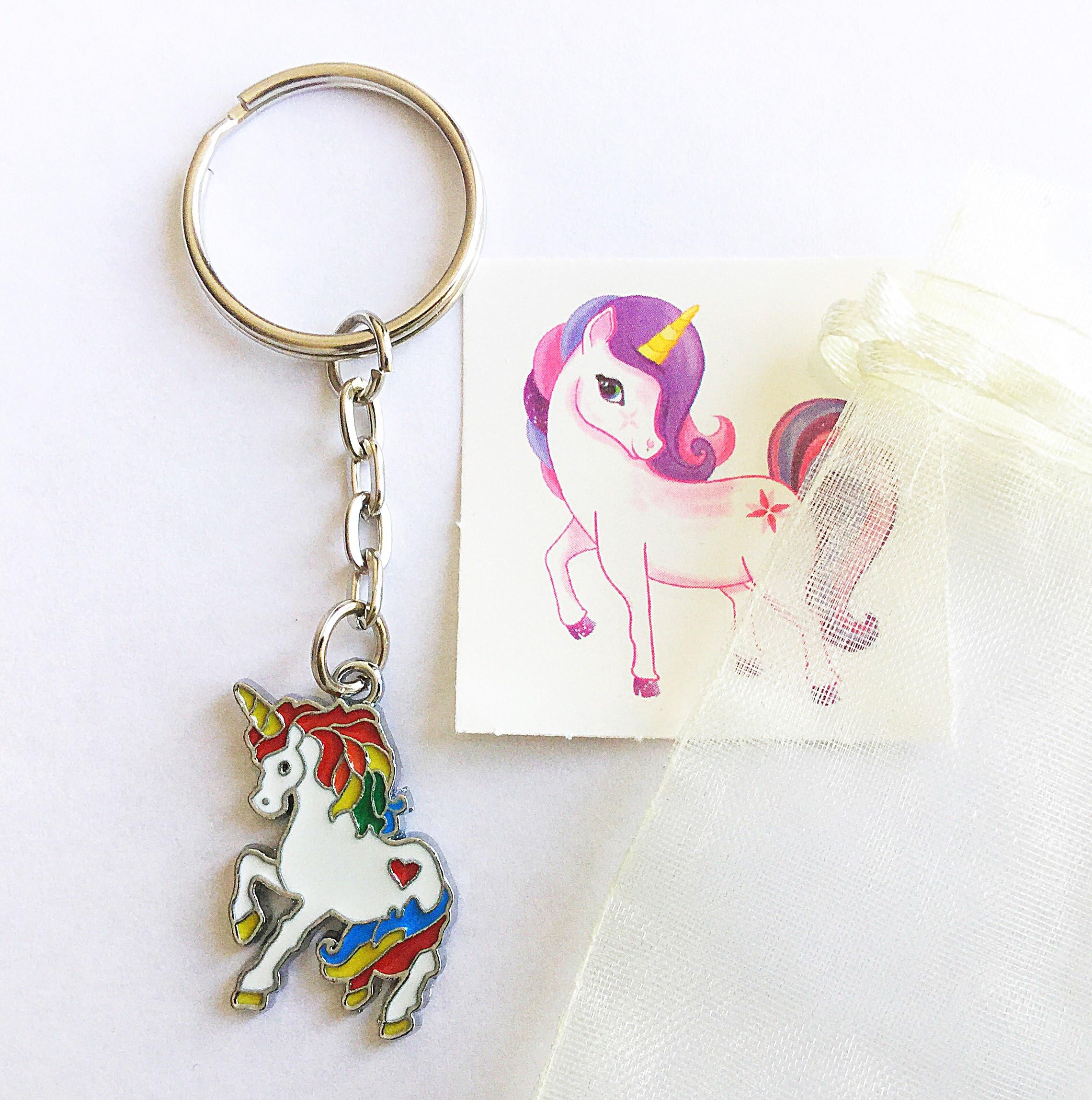 Gifts At Dawn 5x Unicorn Keychain keyring Bag Charm Plus Unicorn Temporary Tattoo in organza bag Party Bag FILLERS