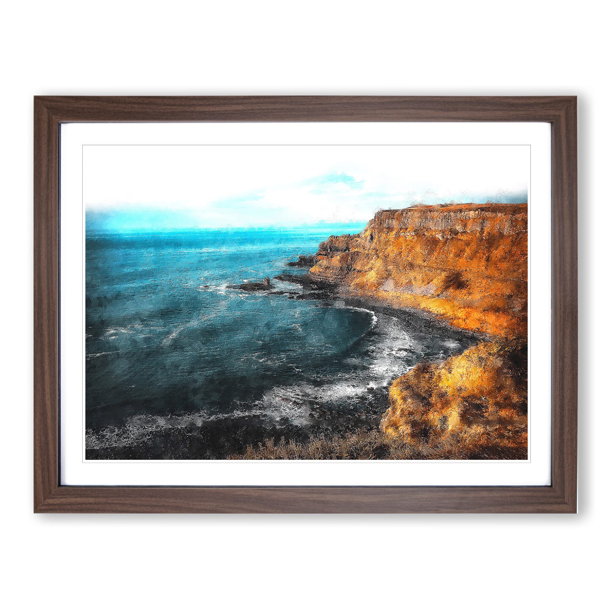 Giant's Causeway Northern Ireland Painting Modern Art Framed Wall Art Print, Ready to Hang Picture for Living Room Bedroom Home Office Décor, Walnut A4 (34 x 25 cm)