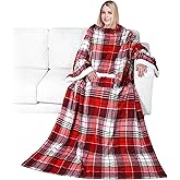 PAVILIA Fleece Blanket with Sleeves for Women Men Adults, Wearable Blanket Warm Soft Plush, Snuggle Pocket Sleeved TV Throw Wrap, Cozy White Elephant Gifts Idea Mom Wife, Christmas Plaid