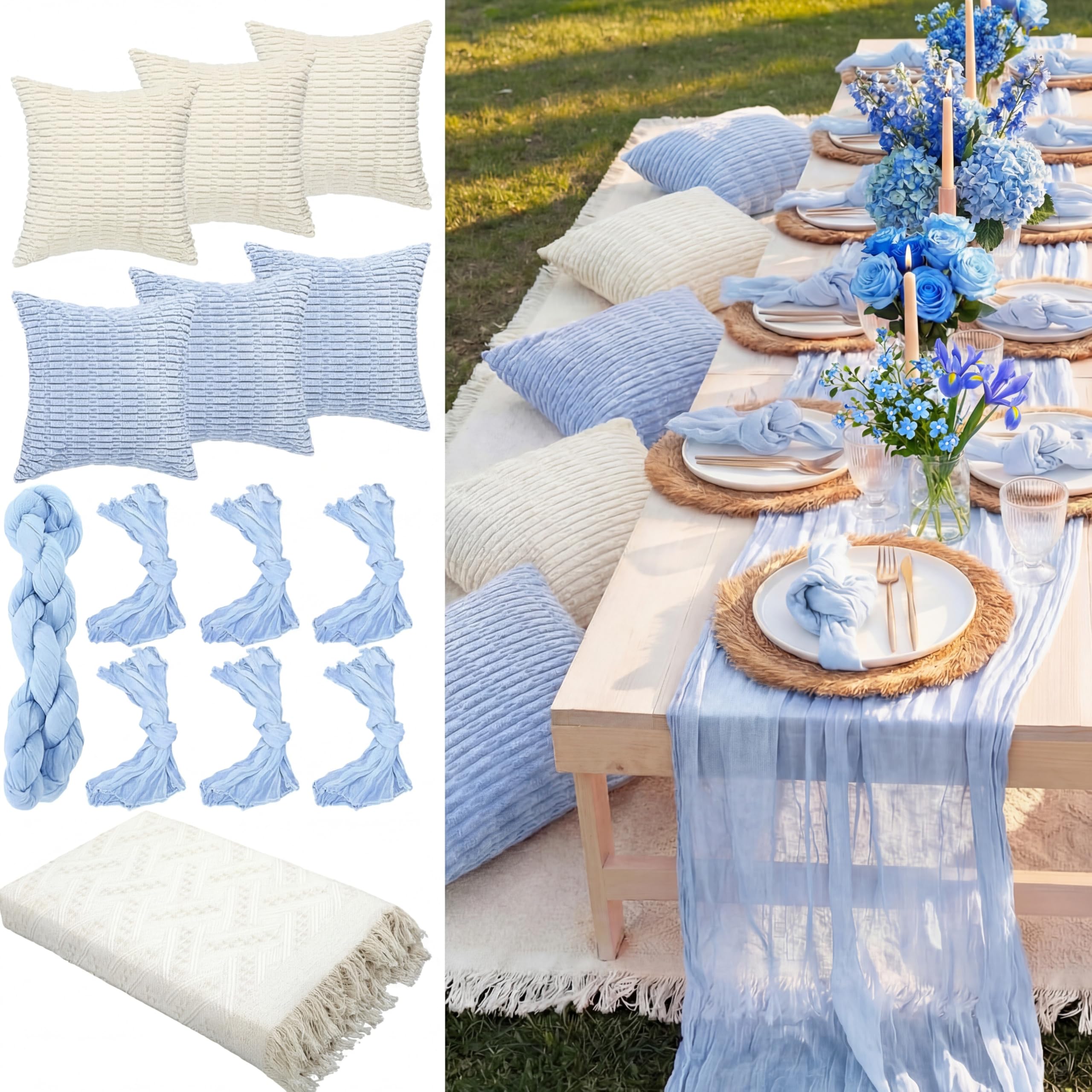 Photo 1 of Beeveer 91 x 71 Extra Large Outdoor Boho Picnic Blanket with Table Runner Light Blue, 6 Throw Pillow Covers 6 Napkins Woven Cotton Yarn Oversize Beach Blanket Washable Picnic Camp Wedding