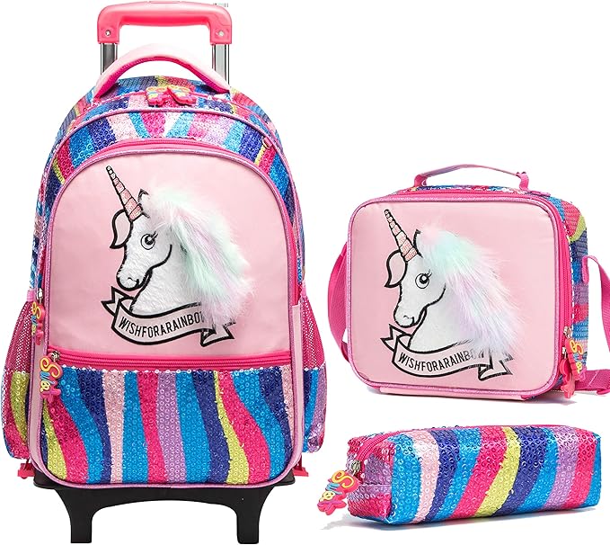 Unicorn Rolling Backpack for Girls School Bags with Wheels Trolley