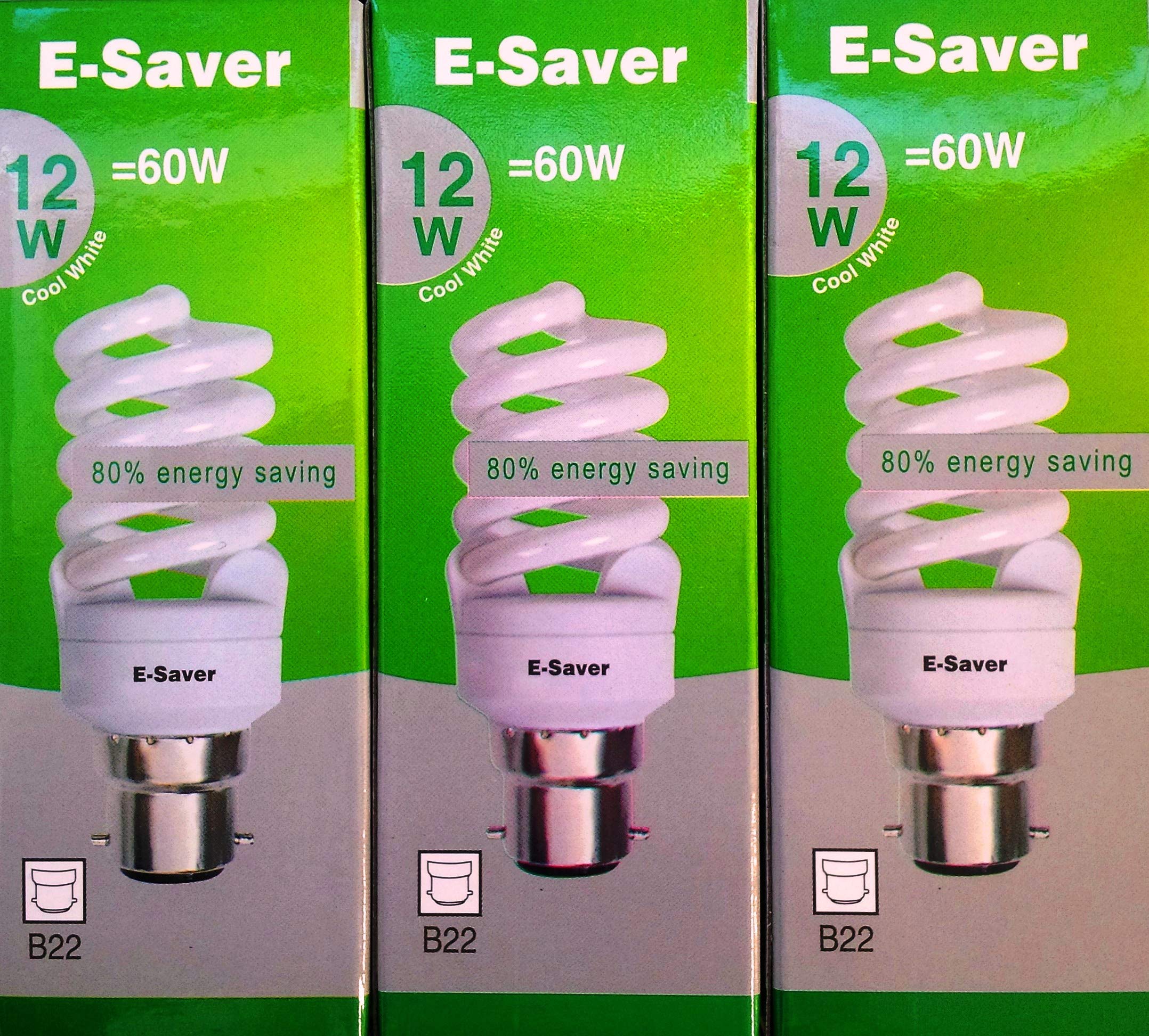 E-Saver - CFL Full Spiral - Energy Saving Light Bulbs - 12W = 60 Watt - (Pack of 3) - 4200k Cool White Light Bulbs - Bayonet Light Bulb (BC- B22- B22d)