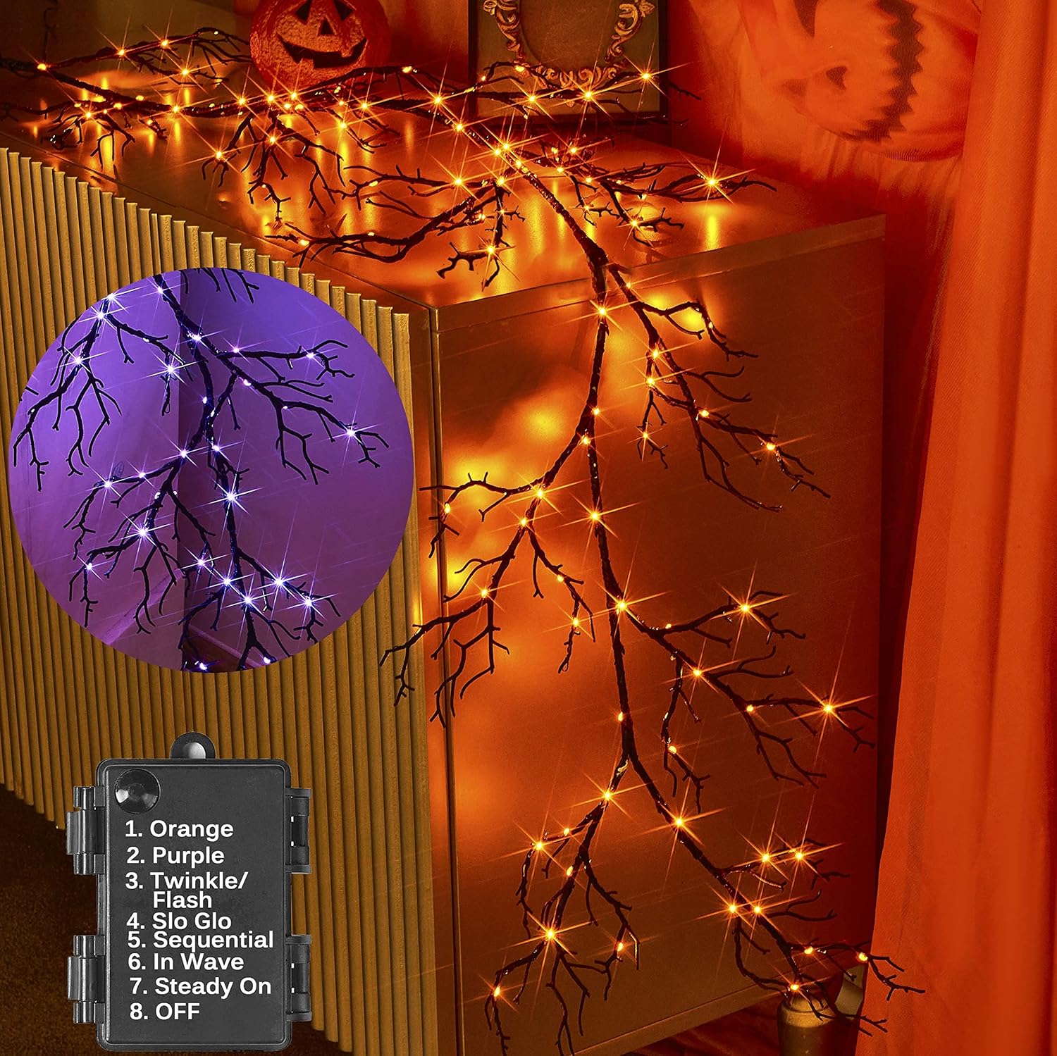 Wreaths, Garlands & Swags - Hairui Halloween Garland with Lights 120 Orange and Purple Bi-Color Fairy Lights 8 Functions, Lighted Black Garland 6FT Battery Operated for Indoor Outdoor Home Halloween Decoration