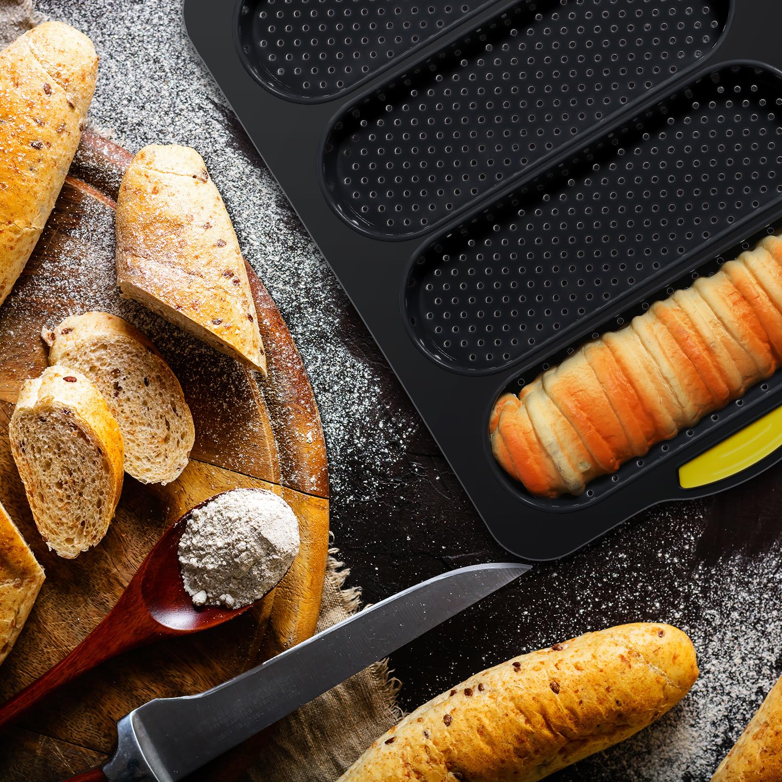 FillTouch Set of 5 Silicone Hamburger Bun Mold 4 6 9 Cup Hamburger Bun Pan with Spatula Brush Nonstick Pans for Baking Homemade Bread Loaf Sandwich Baking Tray, Fridge Dishwasher Microwave Safe