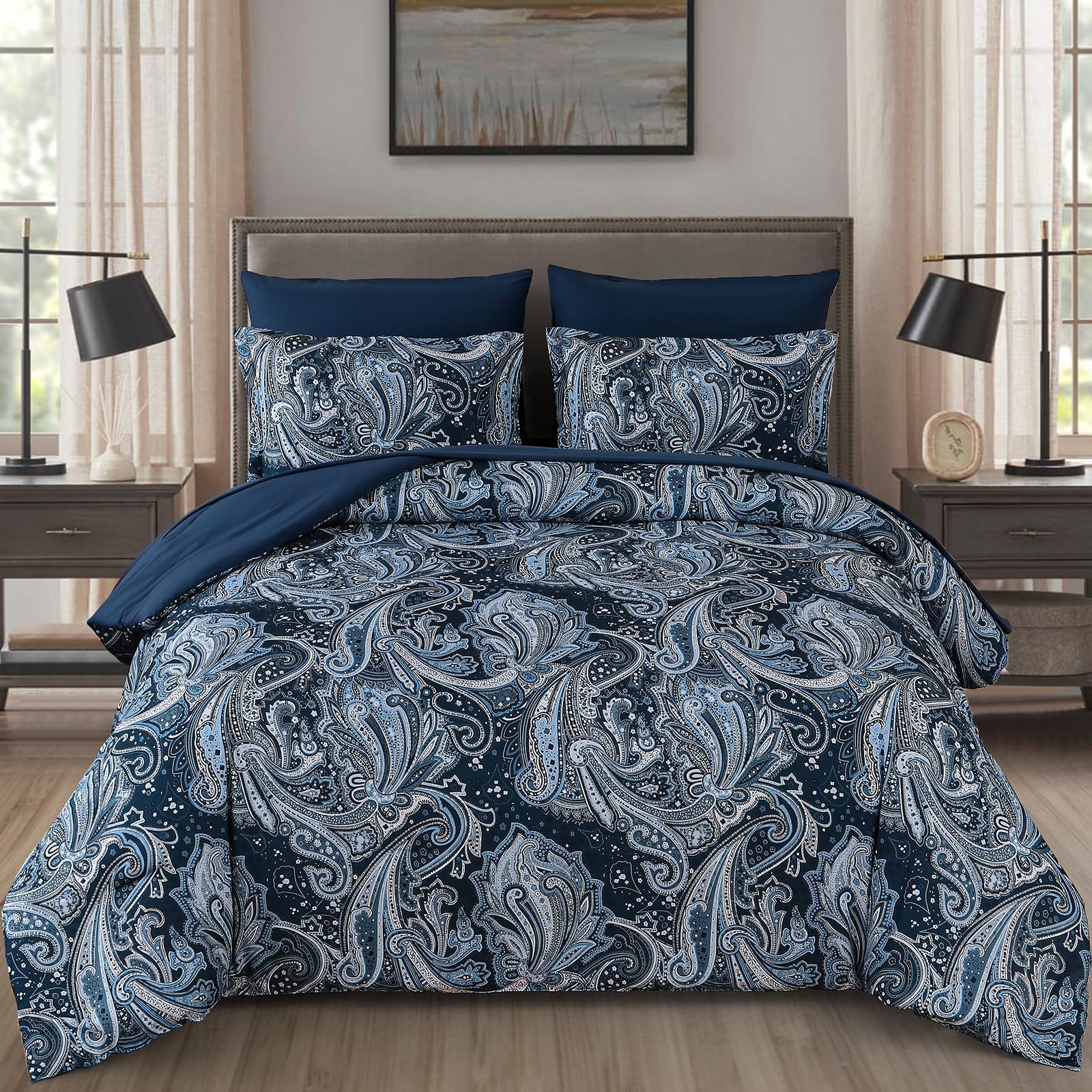 Photo 1 of DJY Navy Paisley Comforter Set King Size 7 Piece Bed in a Bag Boho Paisley Pattern Comforter Set Soft Lightweight Microfiber Blue Reversible Bedding Set for All Season (104''x90'')