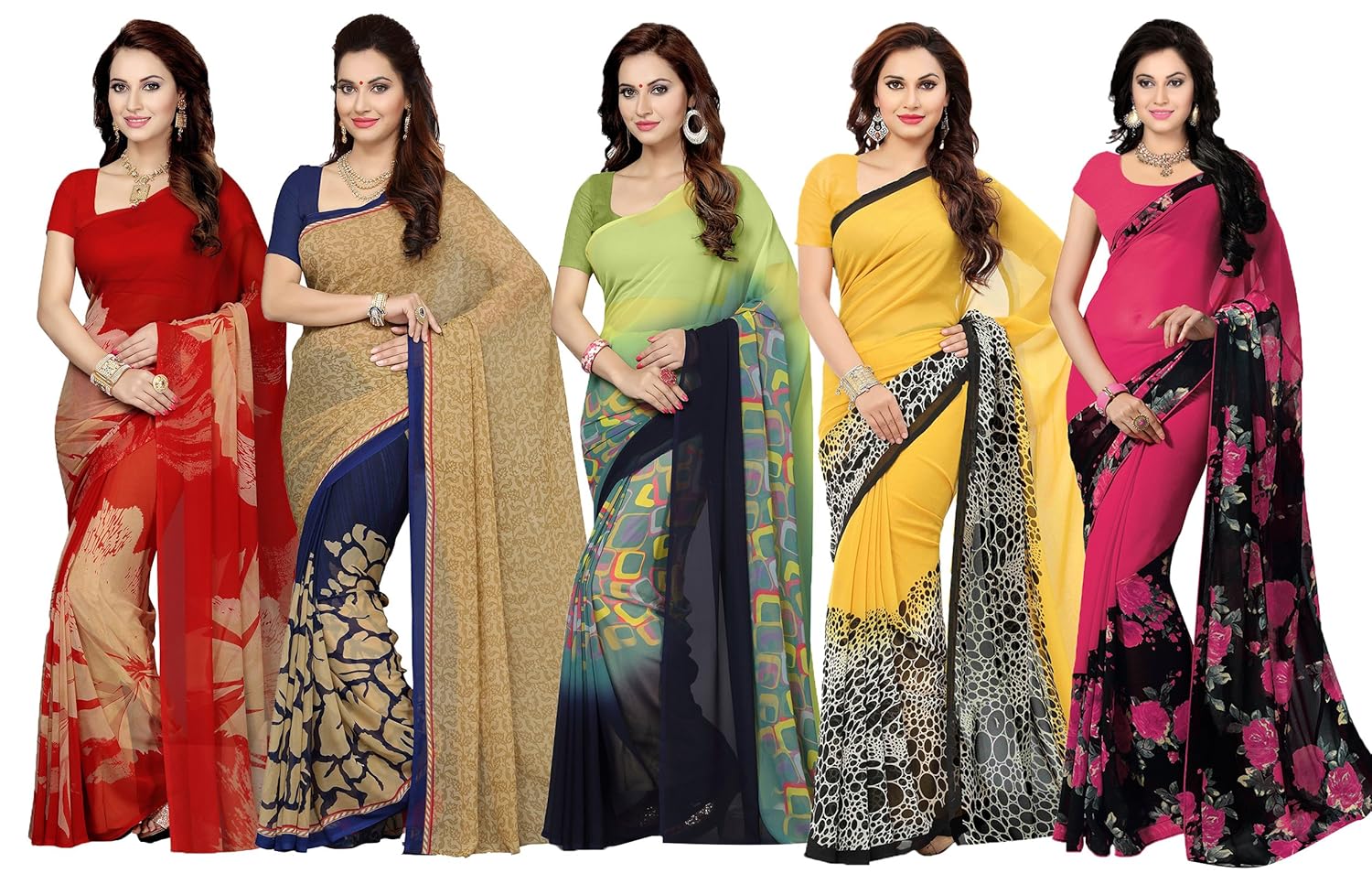 ishin combo of 5 faux georgette saree with blouse piece (multicolor_free size)