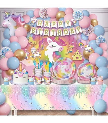 KQMGJYB Kit Décoration Licorne Anniversaire Fille Pour 16 Invités - Vaisselle, Ballons Et Nappe