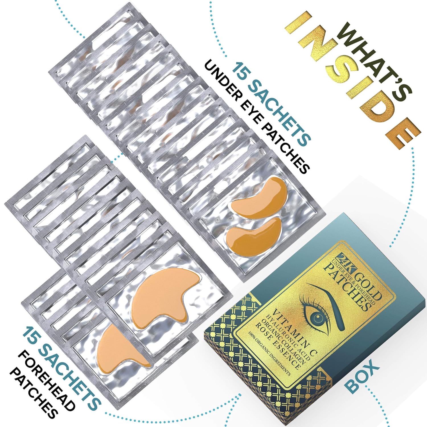 Under Eye and Forehead 24K Gold Patches - Anti-Aging Collagen Hyaluronic Acid Pads Helps Reducing Puffiness & Wrinkles & Dark Circles Bags - Gel Bags With No Parabens, Hidden Chemicals, Side Effects: Beauty
