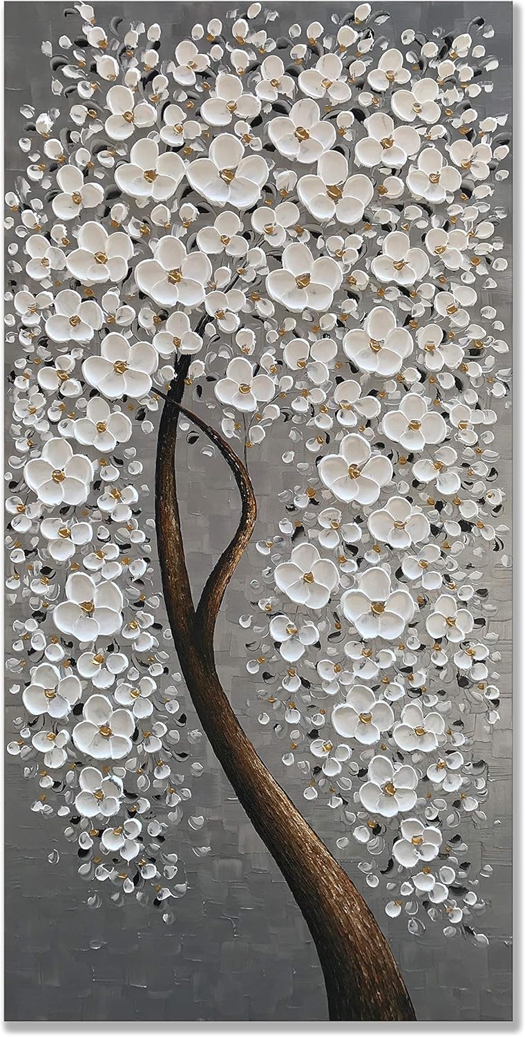 Paintings - Alenoss White Flower/Floral Vertical Abstract Canvas Paintings Wall Art, 48x24 inch Handmade 3D Modern Oil Painting Wall Canvas Art for Living Room Bedroom Aisle Ready to Hang
