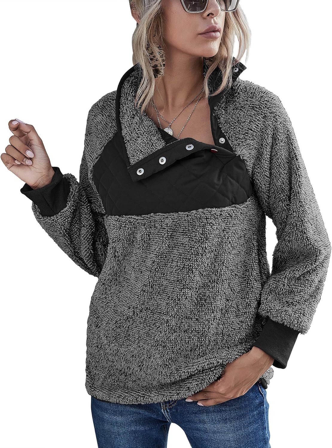 Romanstii Women Fleece Pullover Sweatshirt Oblique Button Neck Long Sleeve Warm Casual Coat Outwear(S-XXL): Clothing