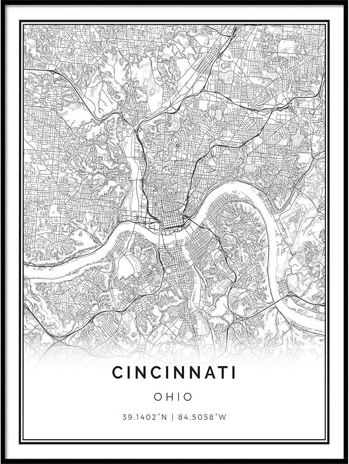 Amazon Com Squareious Cincinnati Map Poster Print Modern Black And White Wall Art Scandinavian Home Decor Ohio City Prints Artwork Fine Art Posters 16x20 Posters Prints