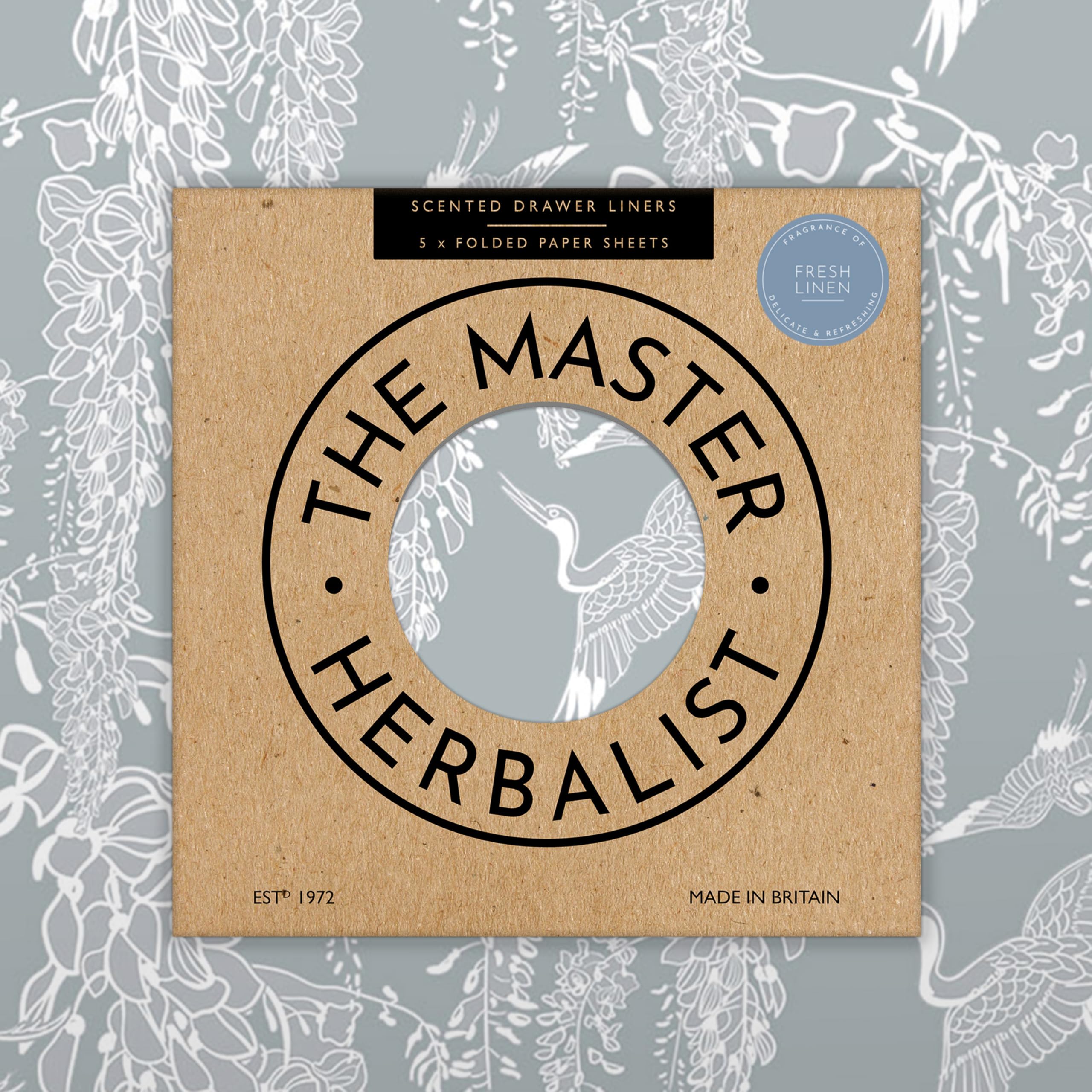 The Master Herbalist Fragrant Scented Drawer Liners in a Classical Heron Design (Folded) | Pack of 5 Sheets | Contains Essential Oils | Made in The UK (Fresh Linen, 42W x 60L cm)