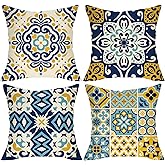 Fjfz Boho Mandala Flower Decorative Throw Pillow Covers 18 x 18 Set of 4, Blue Yellow Geometric Floral Porch Outdoor Home Decor, Mediterranean Moroccan Abstract Aesthetic Art Couch Cushion Case