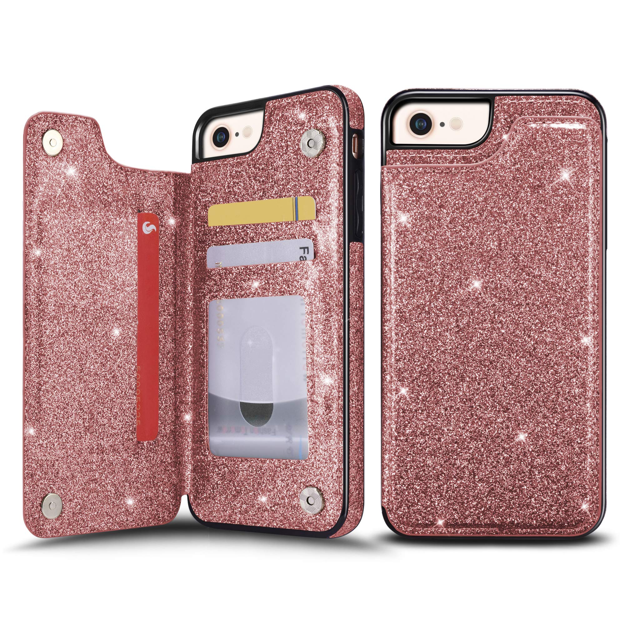 UEEBAI Case for iPhone 7/8/SE 2022 5G/SE 2020, Luxury PU Leather Case with [Magnetic] [Card Slots] KickStand Durable Case Back Wallet Flip Cover for iPhone SE3/SE2 - Rose Gold#3