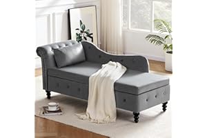 Weture Tufted Velvet Chaise Lounge Indoor with Storage, Button Tufted Chaise for Living Room Bedroom Office, Upholstered Rolled Arm Lounge Chair with Nailhead Trim, Dark Grey