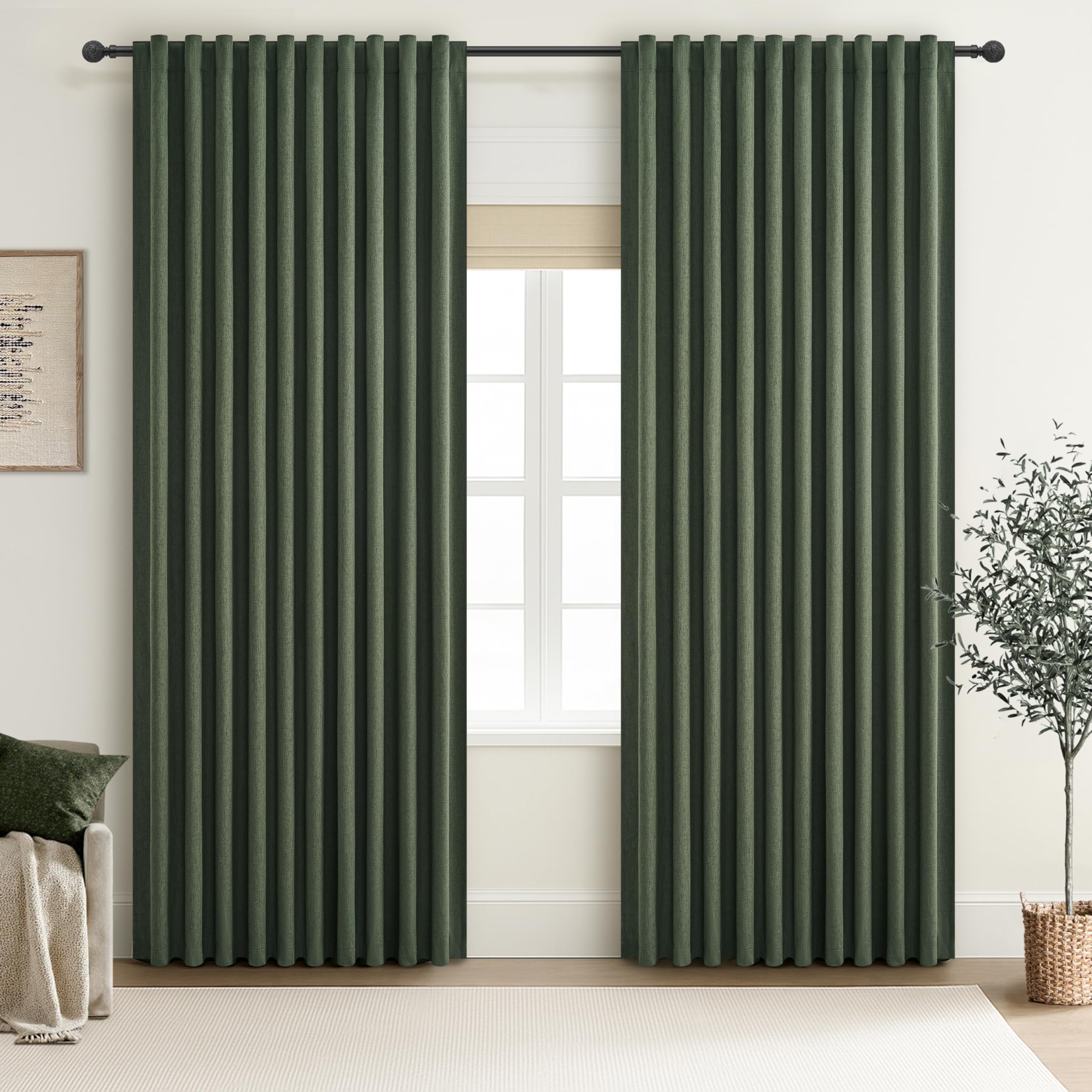 Photo 1 of Dark Olive Green Curtains 70 Inch Length Extra Wide Pleated Black Out 84 Inch Long for Living Room, Linen Thick Sliding Glass Door Heavy Duty Insulated Large Window Drapes (70"Wx84"Lx 2Panels Loden)