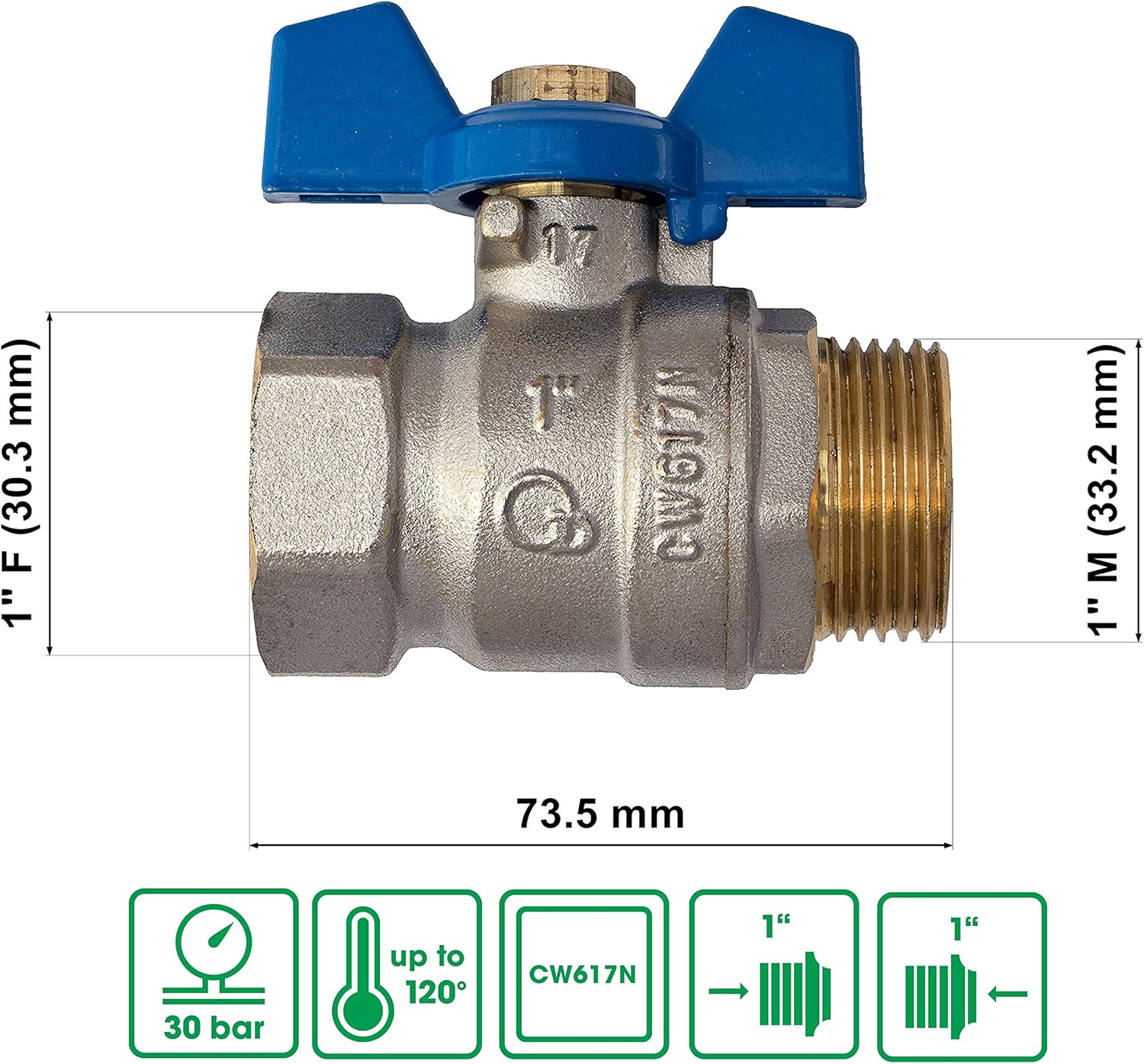 1″ Butterfly Blue Handle Water Ball Valve Male X Female Thread T Handle