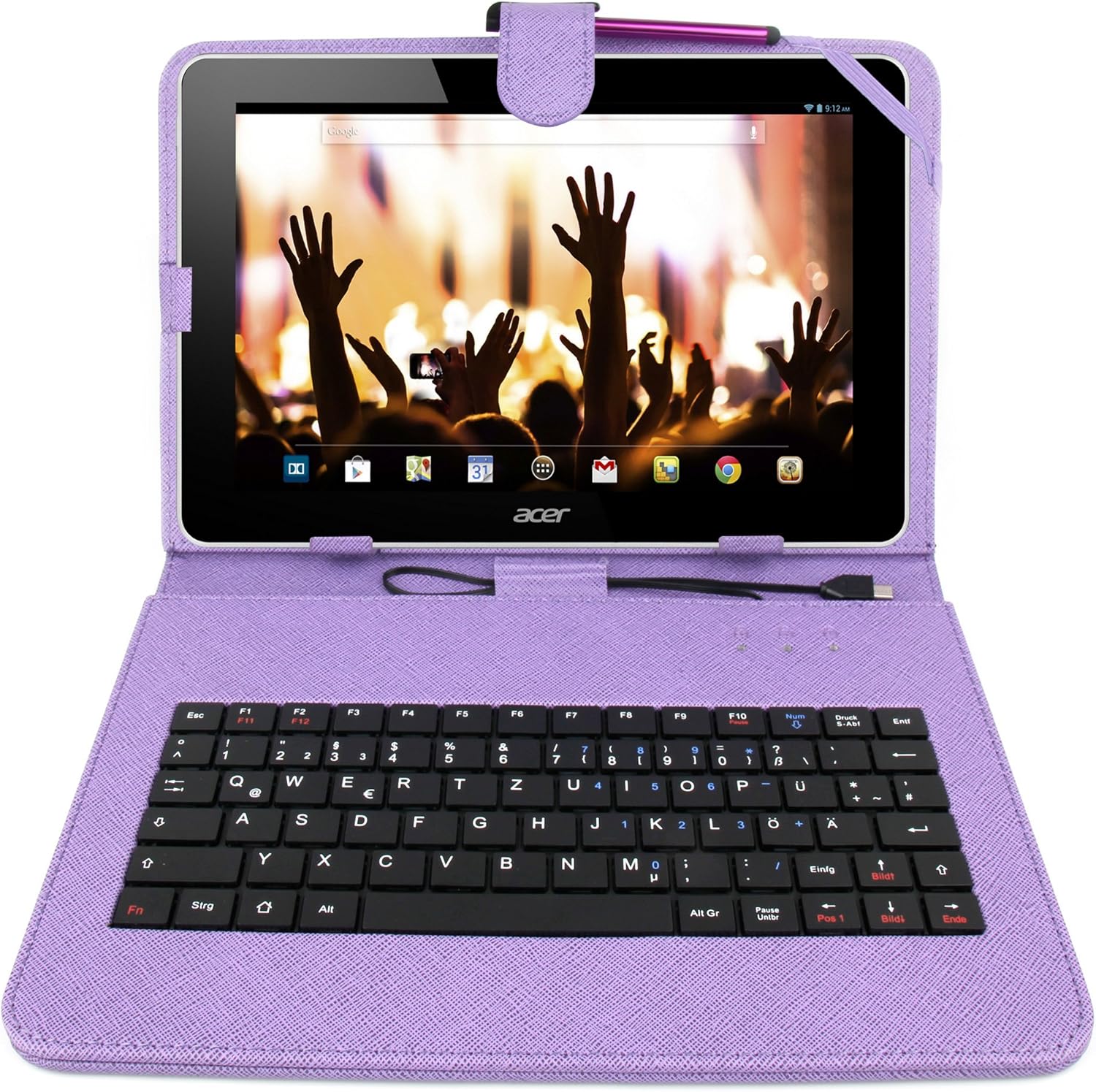DURAGADGET Purple Micro USB GERMAN Keyboard Case With BONUS Stylus Pen For Acer Iconia Tab A3, Acer Aspire Iconia Tab A500 10.1 inch LED Tablet (nVidia Tegra 250 Dual cortex A9, Honeycomb) & Acer Ionia A200 (Nvidia Tegra T30L 1.2GHz, 1GB RAM, BT, Android 4.1) -- PLEASE NOTE, AN OTG ADAPTOR IS NEEDED FOR THIS CASE TO WORK