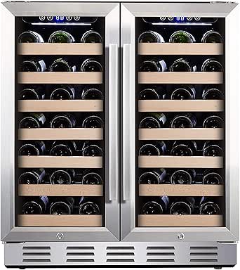 Kalamera 30'' Wine Cooler 66 Bottle Dual Zone Built-in and Freestanding with Stainless Steel and Glass French-Door Style