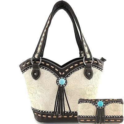 Justin West Tooled Western Leather Turquoise Stone Fringe Studded Shoulder Concealed Carry Handbag Purse