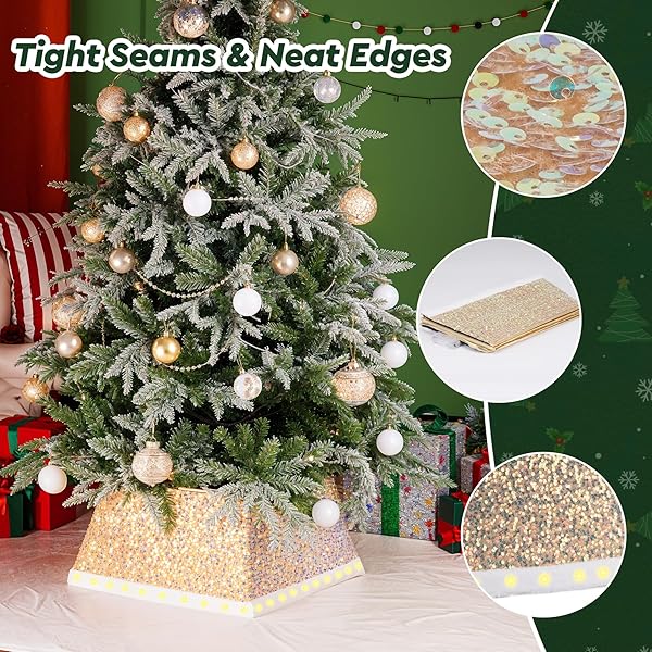 27 INCH SQUARE CHRISTMAS TREE SKIRT WITH LED LIGHTS – SPARKLING GLITTER FABRIC,BATTERY POWERED FOLDABLE SKIRT FOR CHRISTMAS HALLOWEEN HOLIDAY DECORATIONS TREES WITH A HEIGHT LESS THAN 8 FT