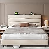 EnHomee Queen Size Bed Frame, Upholstered Queen Bed Frame with Charging Stations, Storage Headboard Adjustable, Bedroom, Apartment, Dorm, Noise-Free, No Box Springs Needed, Beige
