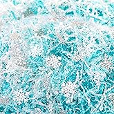 Leitee 1 lb Winter Snowflake Blue and White Crinkle Cut Paper with Confetti, Wondland Paper Shred Filler Strand Raffia Grass Tissue Crinkle Gift Box Basket Packing Fillers for Christmas Xmas Party