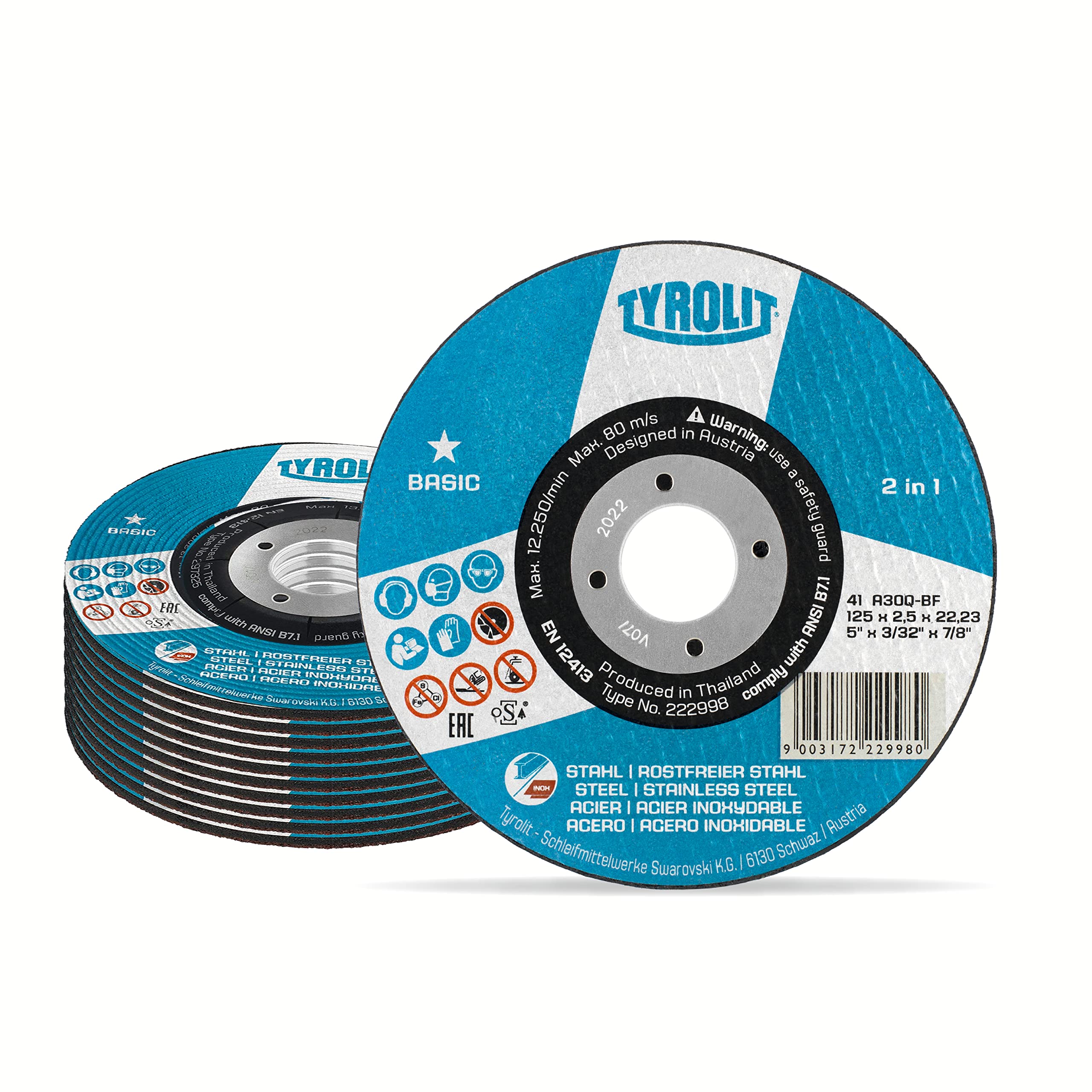TYROLIT 222998 BASIC 2in1 125mm Metal Cutting Discs for Steel and Stainless Steel, Cut Off Wheels, Angle Grinder Discs, 125 x 2.5 x 22.23 mm, 25-Pack