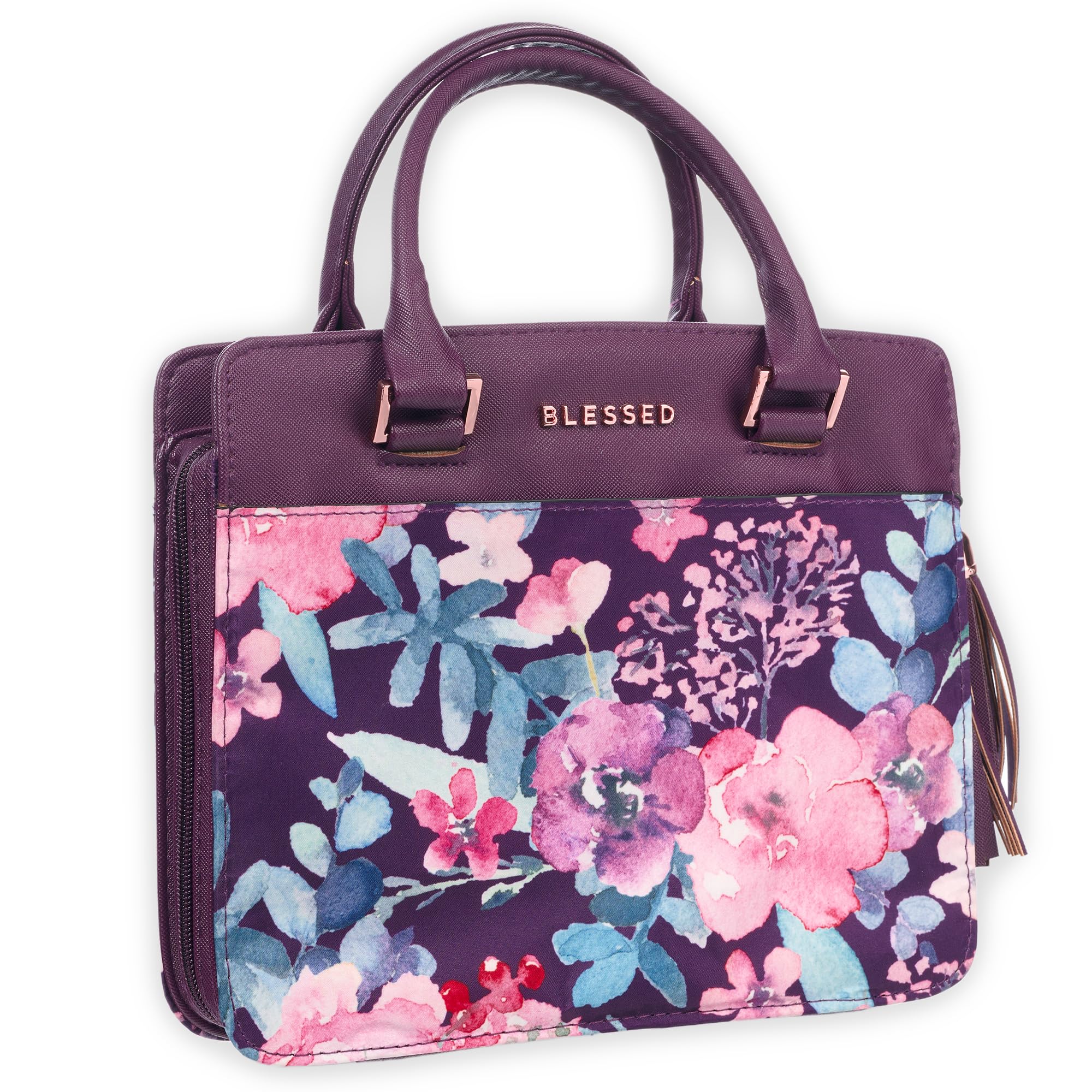 Photo 1 of Christian Art Gifts Women's Fashion Bible Cover Purse Style Blessed, Purple Floral Faux Leather, Large