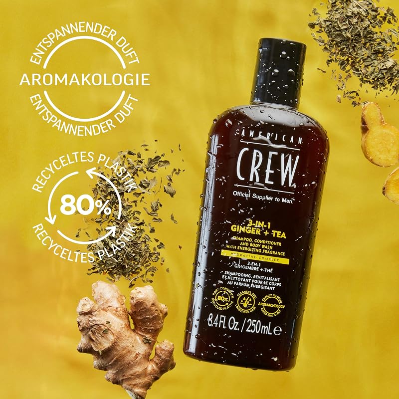 – 3-in-1 Ginger & Tea Shampoo, Conditioner & Body Wash, 250ml, Pflegeshampoo und Duschgel für Männer, Produkt für die tägliche Reinigung von Körper und Haar