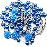 Blue Pearl Beads Rosary Necklace with Lourdes Medal & Jesus Cross Catholic Prayer Beads for Men and Women Spiritual Gift for Religious Occasions