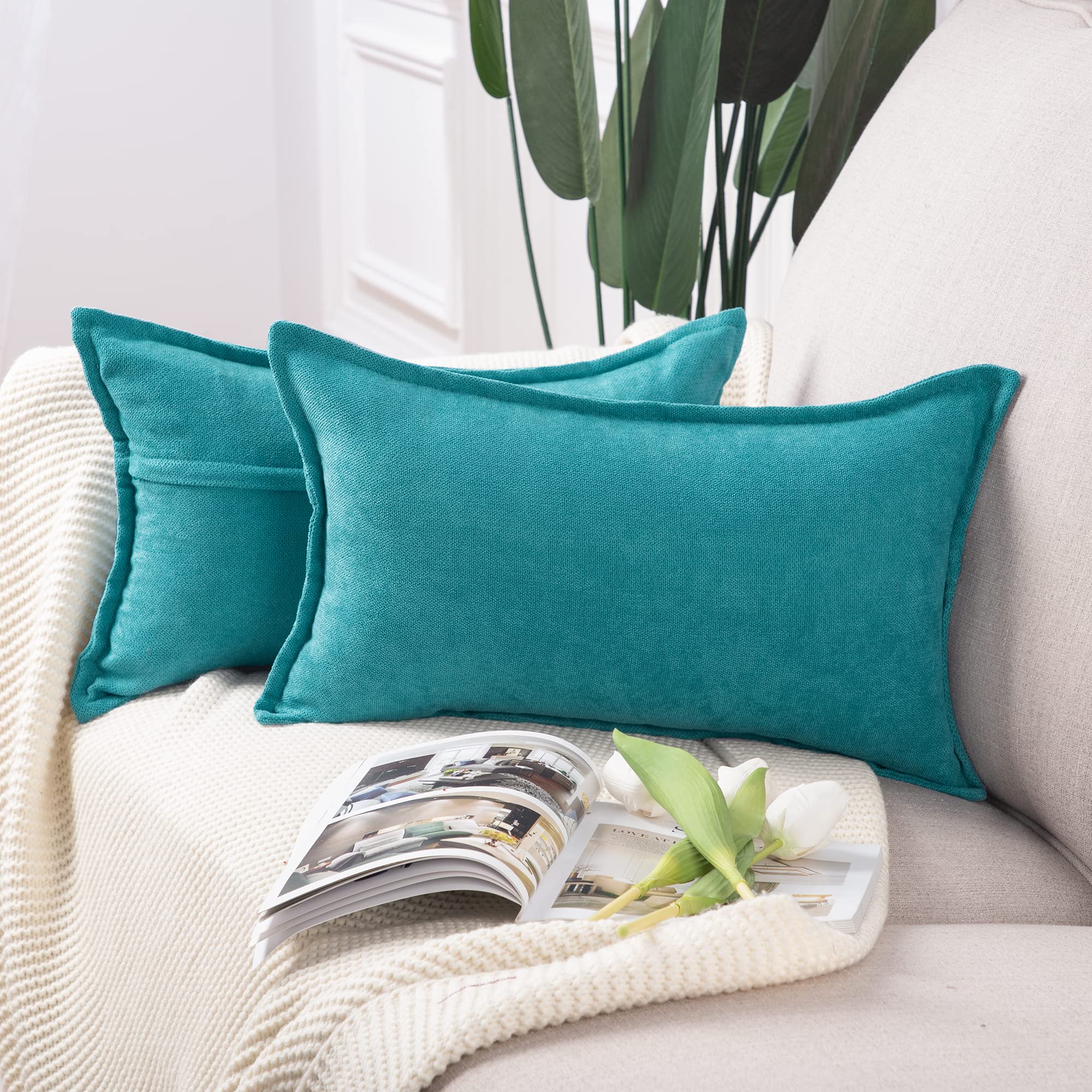 Photo 1 of MADIZZ Set of 2 Short Chenille Throw Pillow Covers 12x20 Inch Cyan Teal Soft Decorative Cushion Cover for Sofa Bedroom Pillow Shell