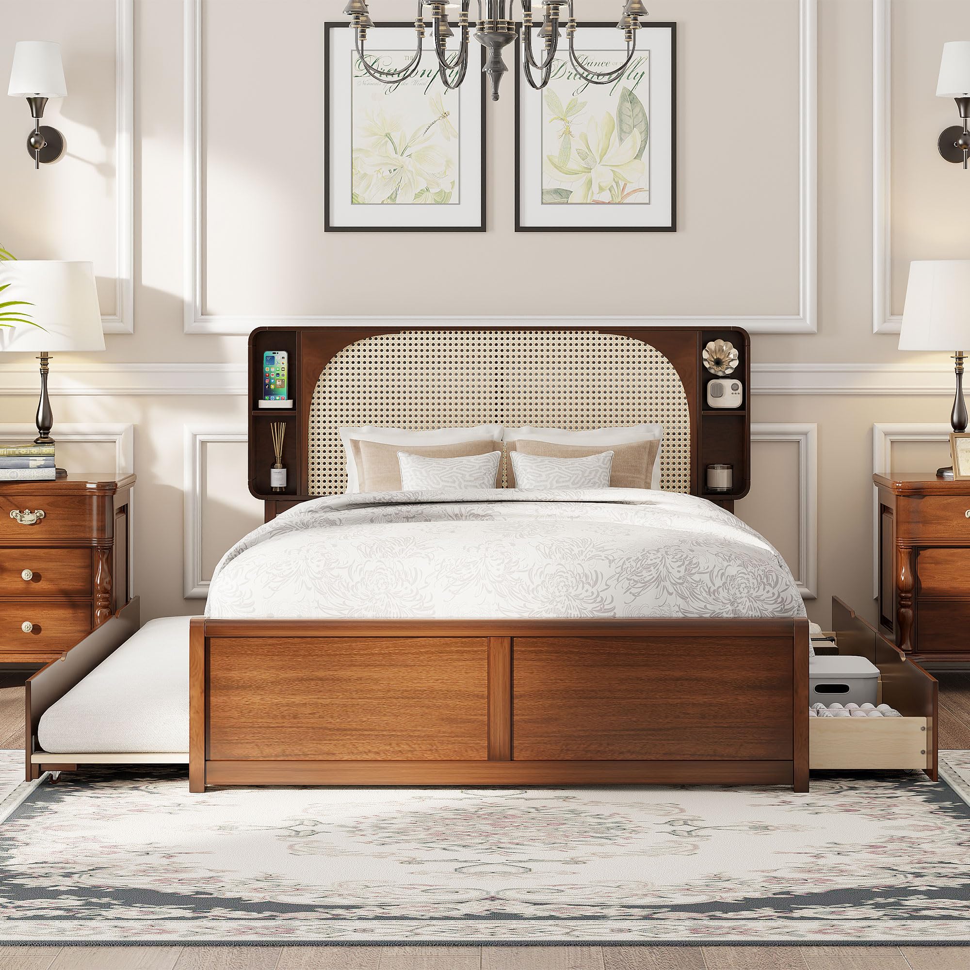 Photo 1 of INCOMPLETE SET -- ONLY 1 BOX -- Ball & Cast Elegant Queen Size Rattan Headboard Bed with Pull Out Trundle,Bedframe W/ 2 Drawers & Storage Rack,Stylish Design,Space Saving,Easy Assembly,Modern Furniture for Bedroom Guest Room,Walnut