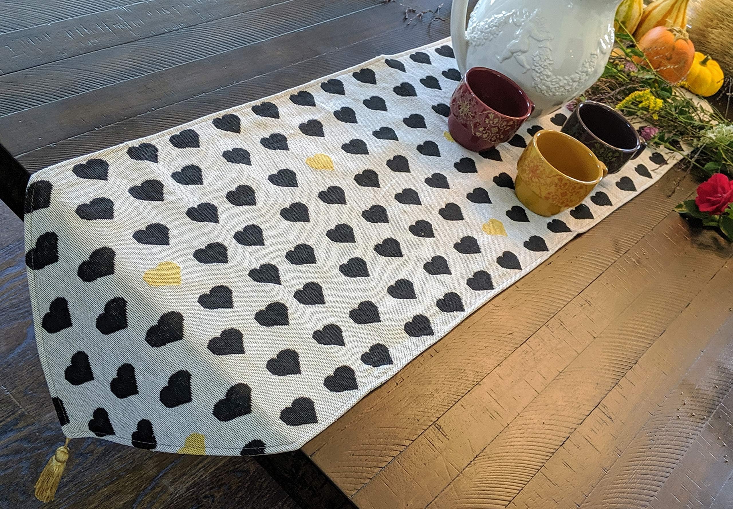 DaDa Bedding Lovely Cottage Hearts Tapestry Table Runner - Valentines Dinner Date Night Black and Yellow Gold Minimal Design - Needle Stitched Cotton Linen Woven Kitchen Dining Mats - 13" x 54"