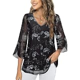 Women's Elegant 3/4 Sleeve Tunic Top - Floral Mesh Layered Blouse, Loose Fit Tunic For Casual Or Dressy Wear - View #2